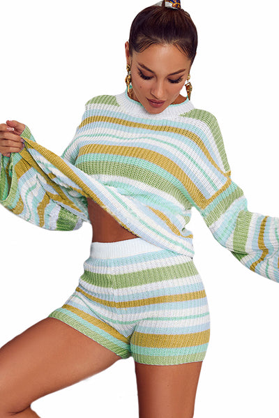 Yellow Striped Knit Top and Shorts Loungewear Set